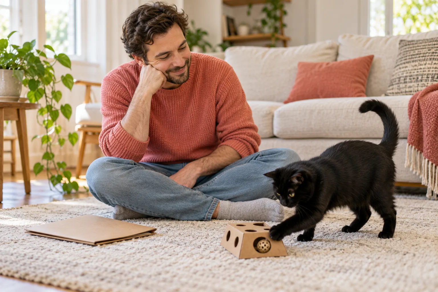 Owner watching a cat play on a rug at home